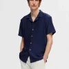 SELECTED RIBBAD CUBAN COLLAR KORTÄRMAD SKJORTA Blue Sale