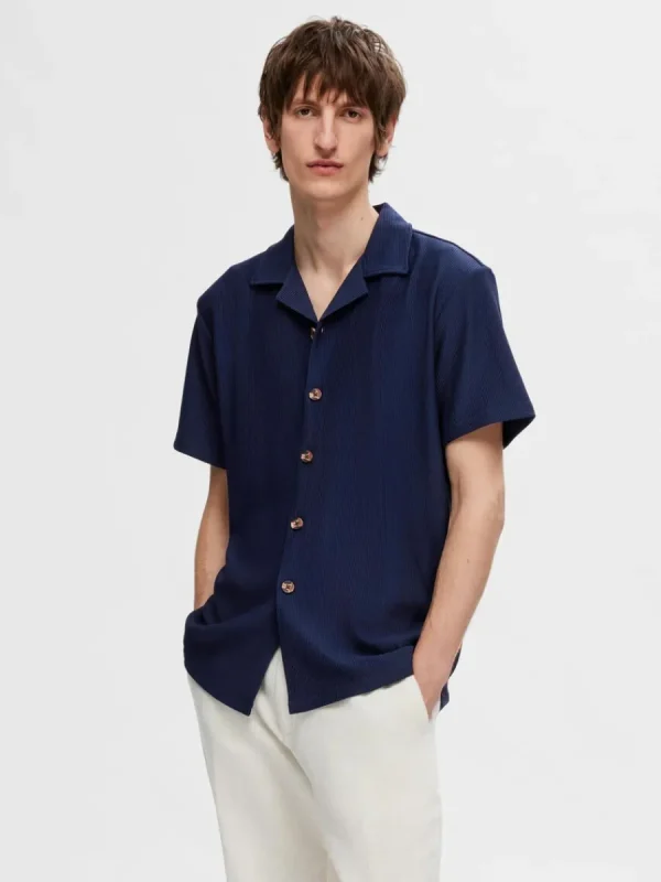 SELECTED RIBBAD CUBAN COLLAR KORTÄRMAD SKJORTA Blue Sale