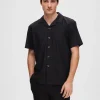 SELECTED RIBBAD CUBAN COLLAR KORTÄRMAD SKJORTA Black Outlet