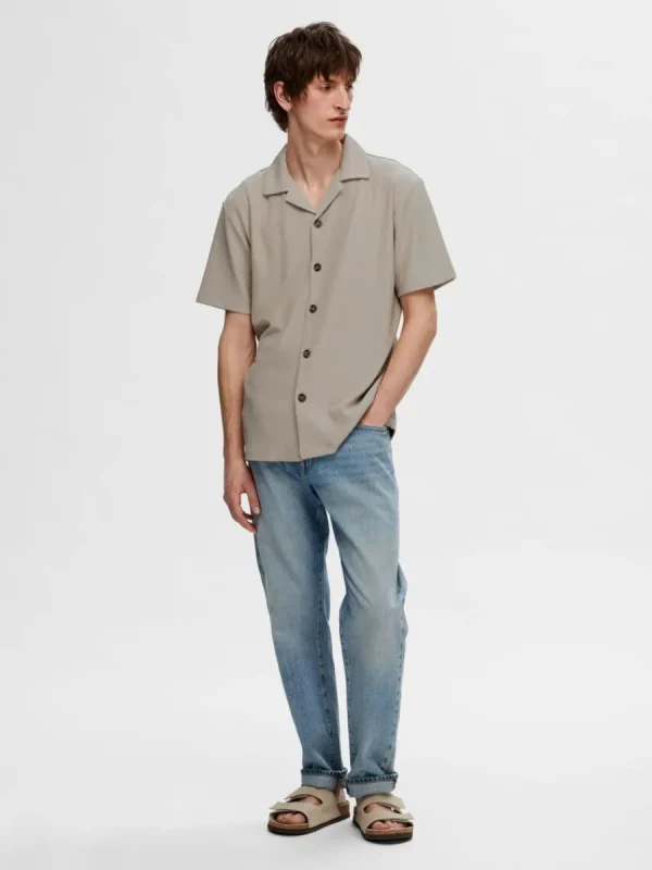 SELECTED RIBBAD CUBAN COLLAR KORTÄRMAD SKJORTA Beige Discount