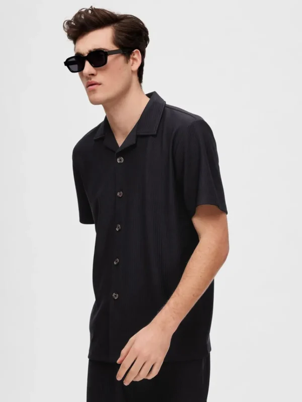 SELECTED RIBBAD CUBAN COLLAR KORTÄRMAD SKJORTA Black Outlet