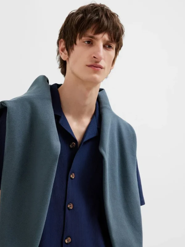 SELECTED RIBBAD CUBAN COLLAR KORTÄRMAD SKJORTA Blue Sale