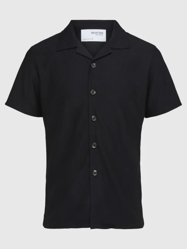SELECTED RIBBAD CUBAN COLLAR KORTÄRMAD SKJORTA Black Outlet