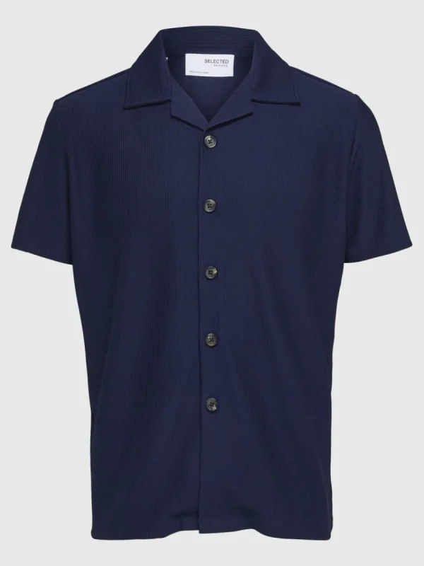 SELECTED RIBBAD CUBAN COLLAR KORTÄRMAD SKJORTA Blue Sale