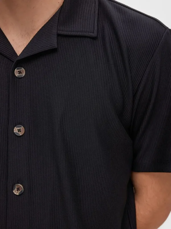 SELECTED RIBBAD CUBAN COLLAR KORTÄRMAD SKJORTA Black Outlet