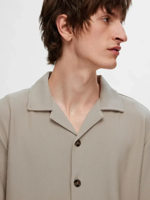 SELECTED RIBBAD CUBAN COLLAR KORTÄRMAD SKJORTA Beige Discount