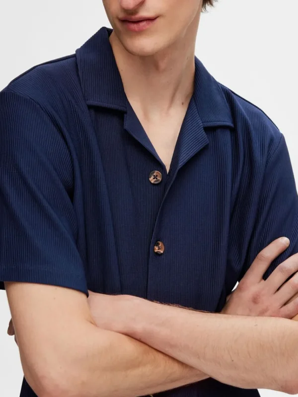 SELECTED RIBBAD CUBAN COLLAR KORTÄRMAD SKJORTA Blue Sale