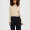 SELECTED RIBBAD LÅNGÄRMAD TOPP Beige Flash Sale