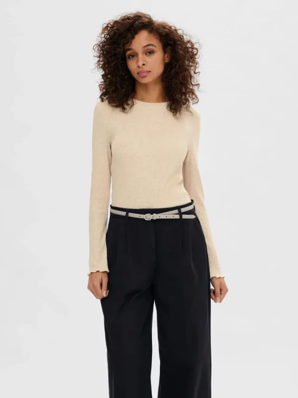 SELECTED RIBBAD LÅNGÄRMAD TOPP Beige Flash Sale