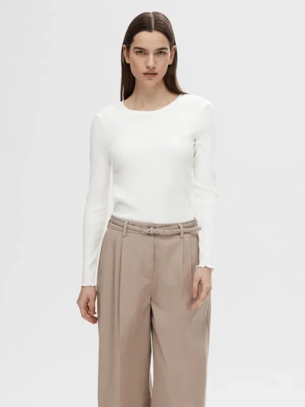 SELECTED RIBBAD LÅNGÄRMAD TOPP White New