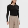 SELECTED RIBBAD LÅNGÄRMAD TOPP Black Best Sale