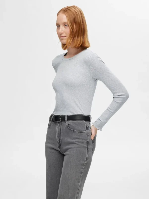 SELECTED RIBBAD LÅNGÄRMAD TOPP Grey Flash Sale