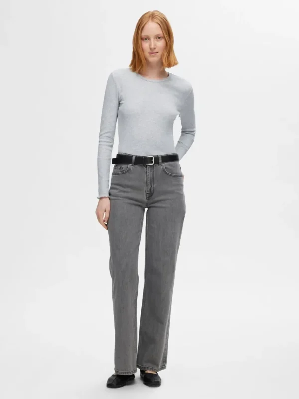 SELECTED RIBBAD LÅNGÄRMAD TOPP Grey Flash Sale