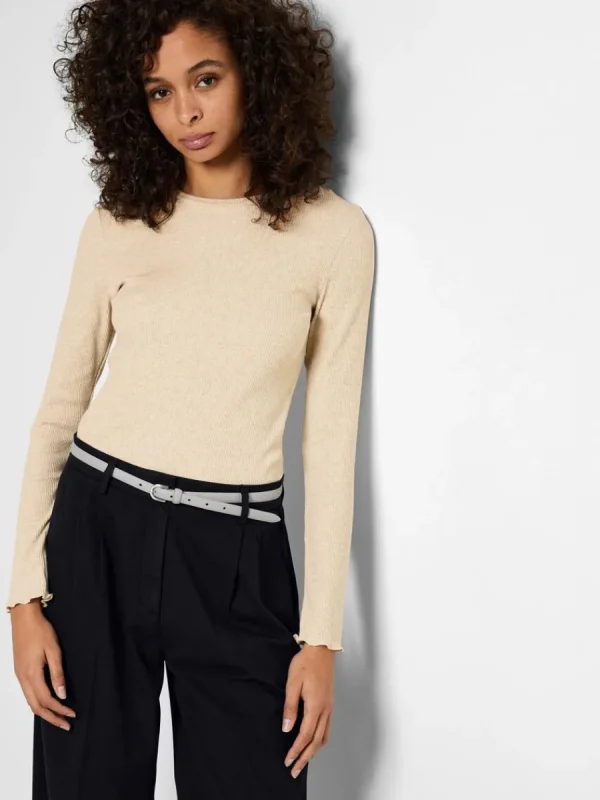 SELECTED RIBBAD LÅNGÄRMAD TOPP Beige Flash Sale