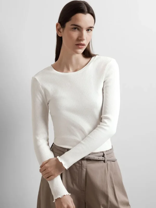 SELECTED RIBBAD LÅNGÄRMAD TOPP White New