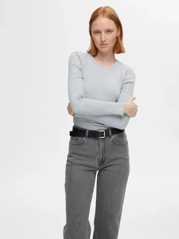 SELECTED RIBBAD LÅNGÄRMAD TOPP Grey Flash Sale