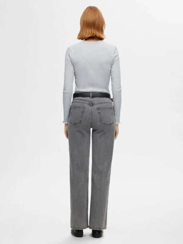 SELECTED RIBBAD LÅNGÄRMAD TOPP Grey Flash Sale