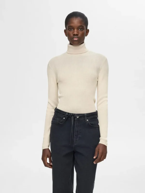 SELECTED RIBBAD POLOTRÖJA Beige Sale