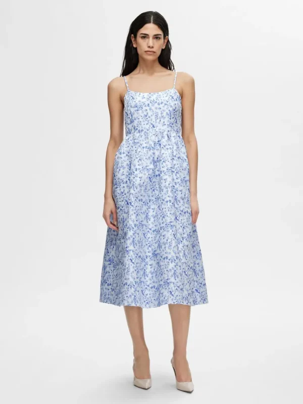 SELECTED ÄRMLÖS BLOMSTERTRYCK MIDIKLÄNNING Blue Shop
