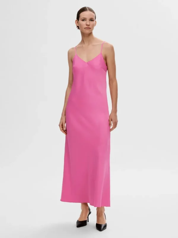 SELECTED ÄRMLÖS SATIN MAXIKLÄNNING Pink Hot