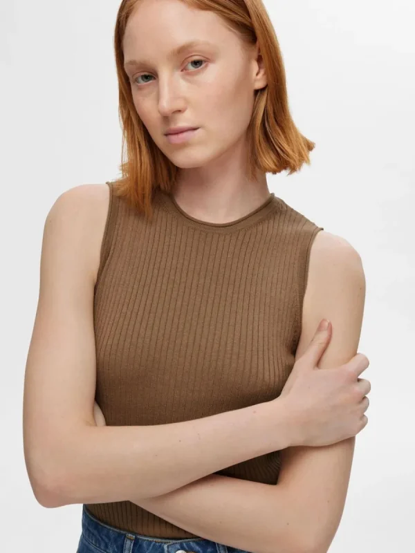 SELECTED ÄRMLÖS STICKAD TOPP Brown Best Sale