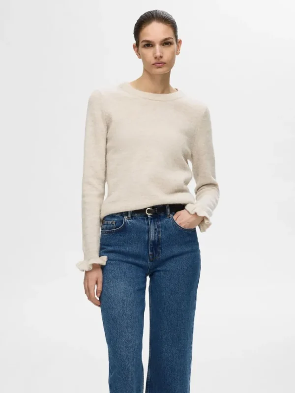 SELECTED RYNKADE ÄRMAR STICKAD TRÖJA Beige Cheap