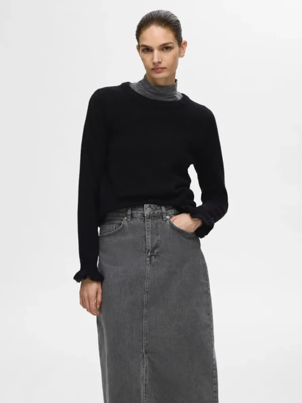 SELECTED RYNKADE ÄRMAR STICKAD TRÖJA Black Store