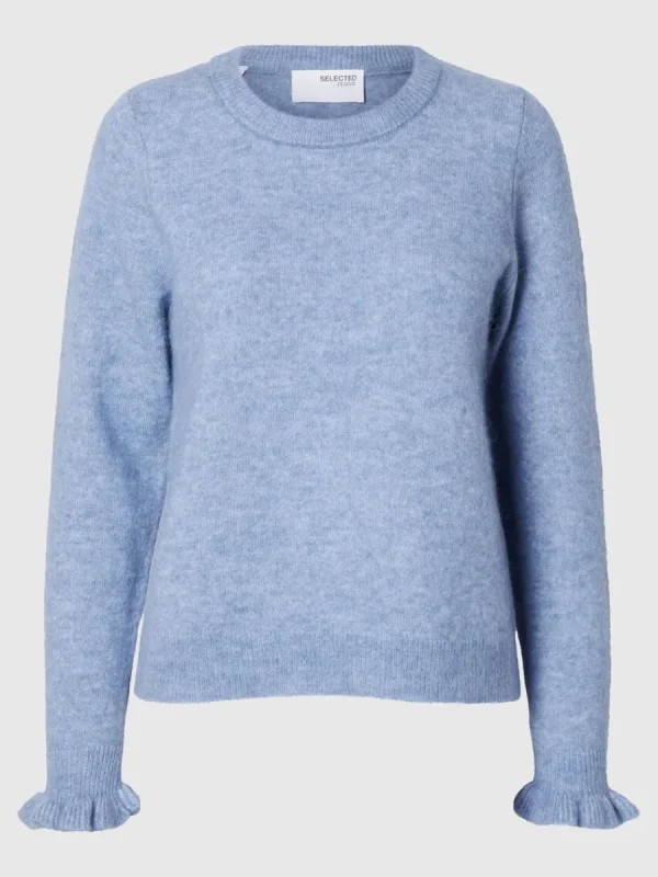 SELECTED RYNKADE ÄRMAR STICKAD TRÖJA Blue New
