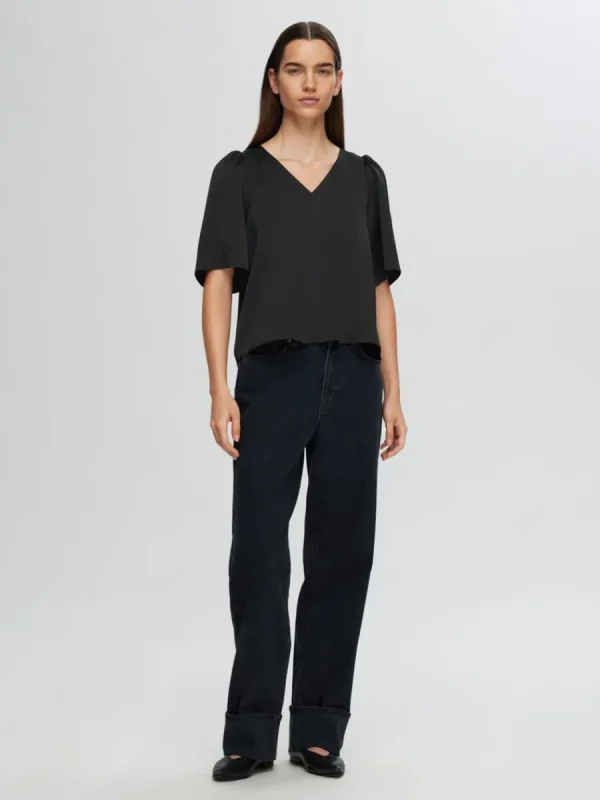 SELECTED SATIN BLUS MED 2/4-ÄRMAR Black New