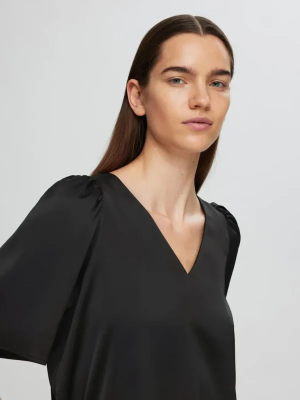 SELECTED SATIN BLUS MED 2/4-ÄRMAR Black New