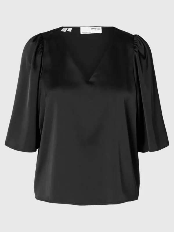 SELECTED SATIN BLUS MED 2/4-ÄRMAR Black New