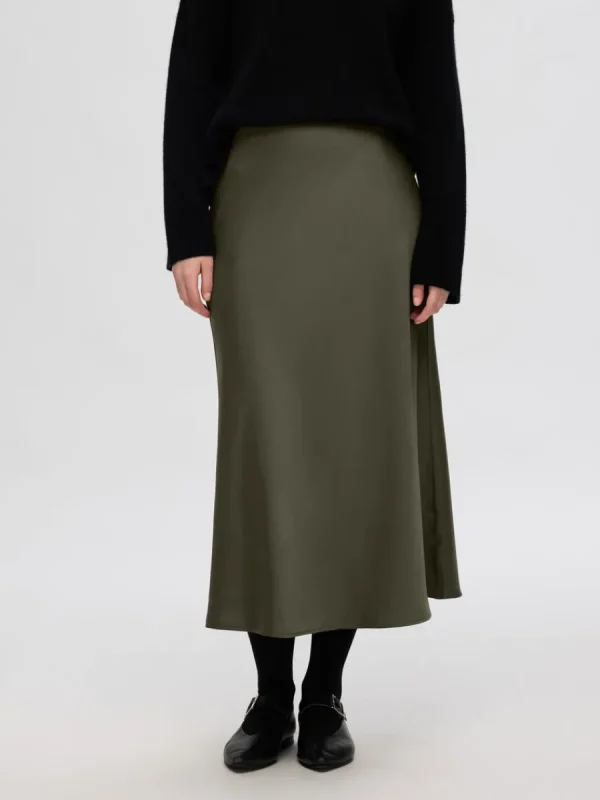 SELECTED SATIN MIDIKJOL Green New