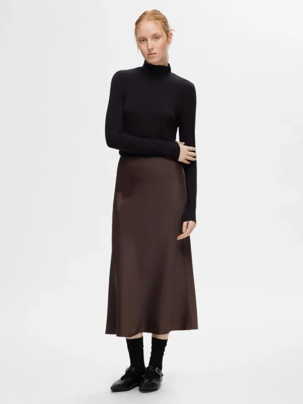 SELECTED SATIN MIDIKJOL Brown Sale