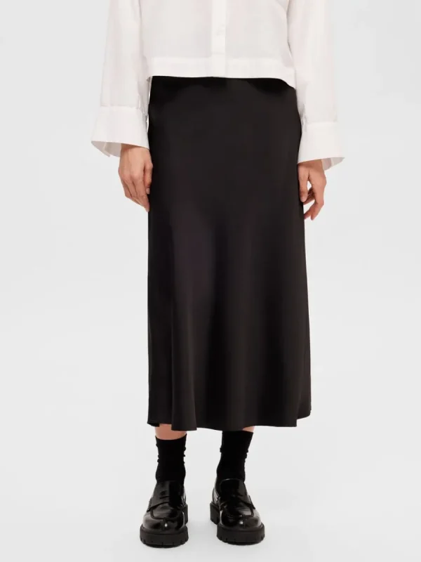 SELECTED SATIN MIDIKJOL Black Hot
