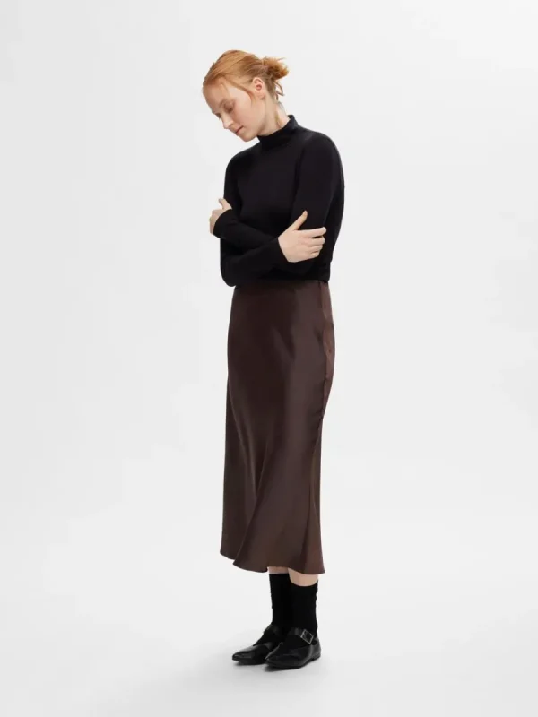 SELECTED SATIN MIDIKJOL Brown Sale