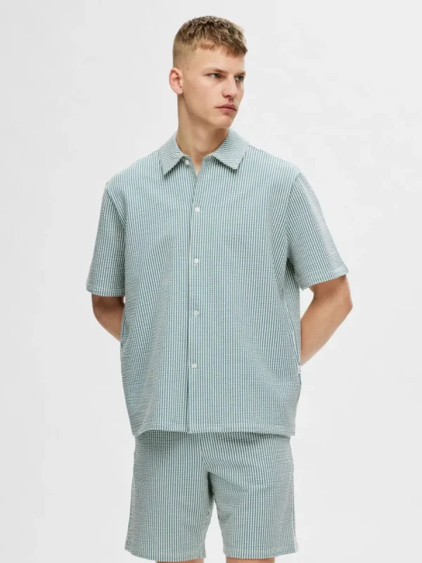 SELECTED SEERSUCKER KORTÄRMAD SKJORTA Blue Clearance