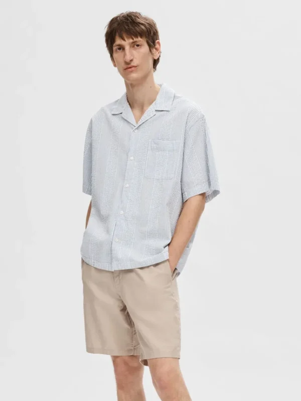 SELECTED SEERSUCKER KORTÄRMAD SKJORTA Blue Best Sale