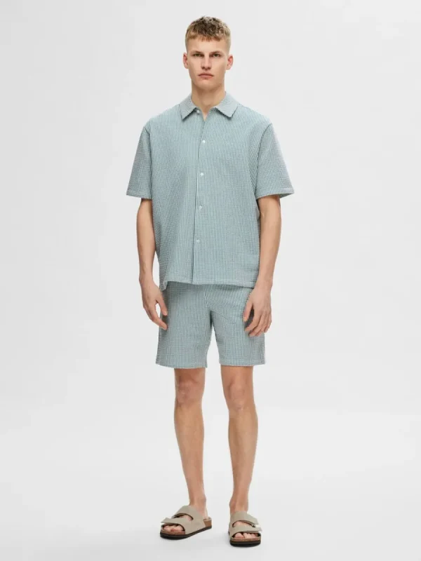 SELECTED SEERSUCKER KORTÄRMAD SKJORTA Blue Clearance