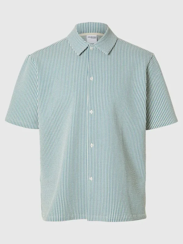 SELECTED SEERSUCKER KORTÄRMAD SKJORTA Blue Clearance