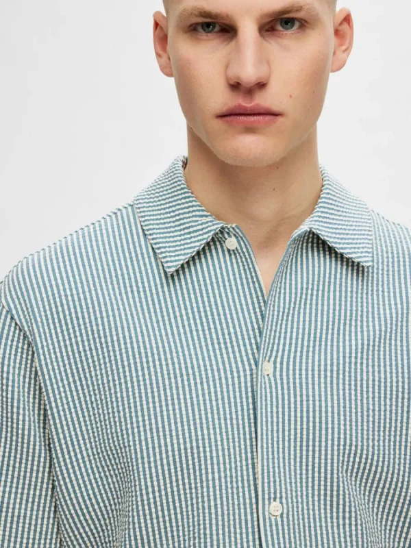 SELECTED SEERSUCKER KORTÄRMAD SKJORTA Blue Clearance