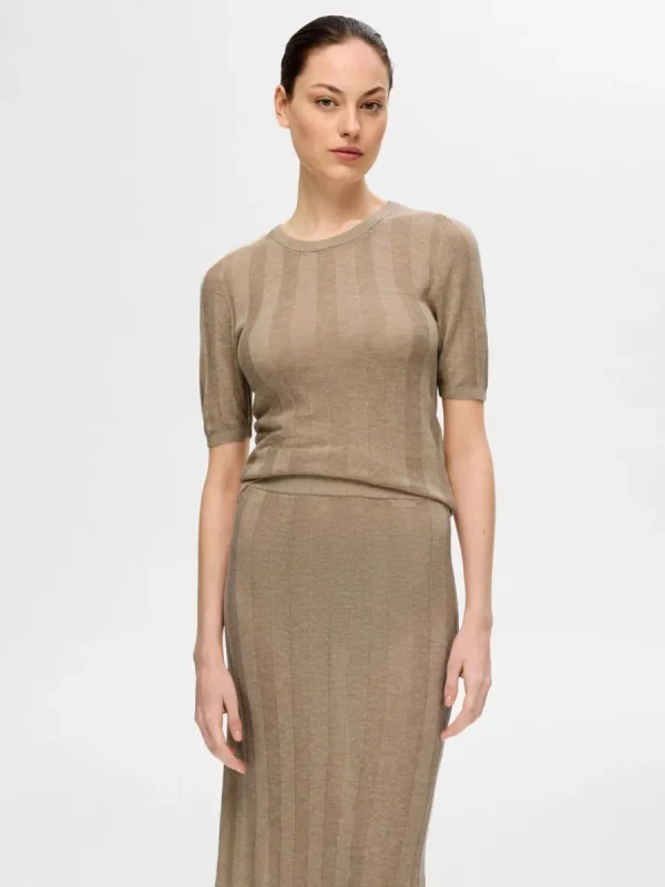 SELECTED STICKAD KORTÄRMAD TOPP Beige Discount
