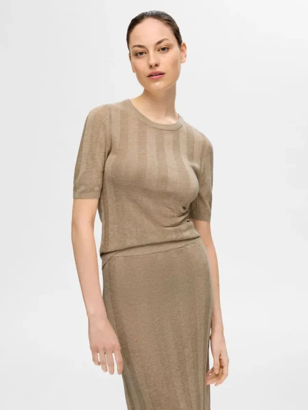SELECTED STICKAD KORTÄRMAD TOPP Beige Discount