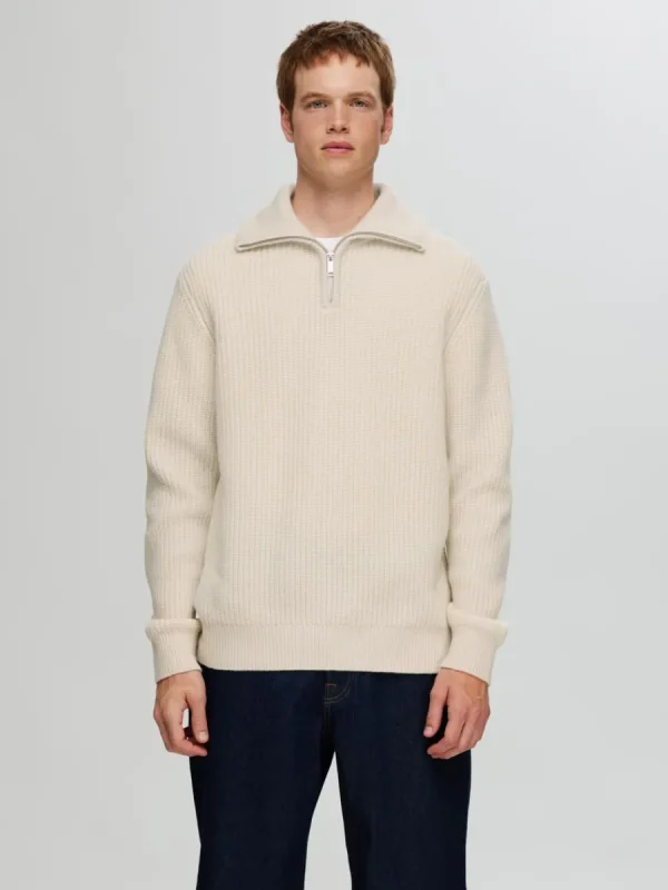 SELECTED STICKAD TRÖJA MED HALVLÅNGT BLIXTLÅS Beige Cheap