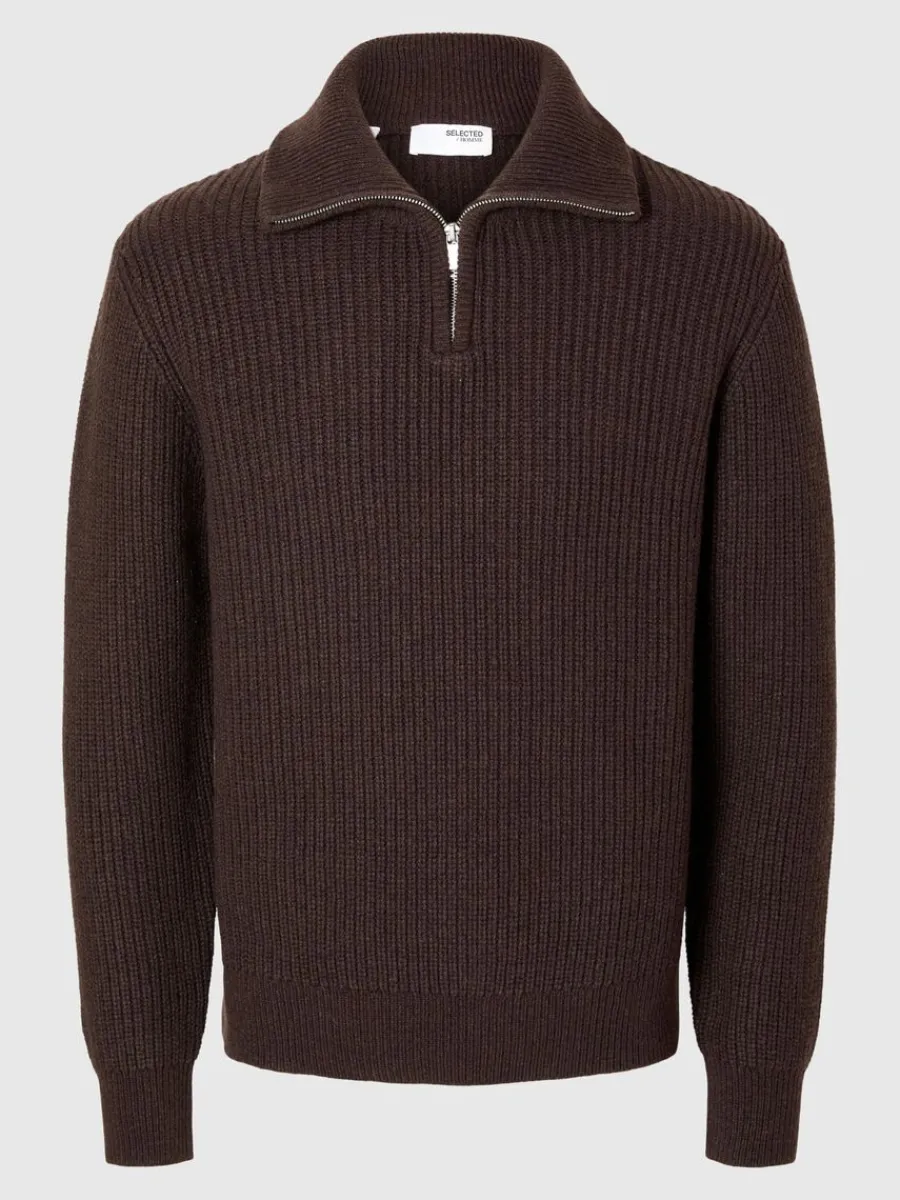 stickad_trja_med_halvlngt_4-3.webp SELECTED STICKAD TRÖJA MED HALVLÅNGT BLIXTLÅS Brown Fashion