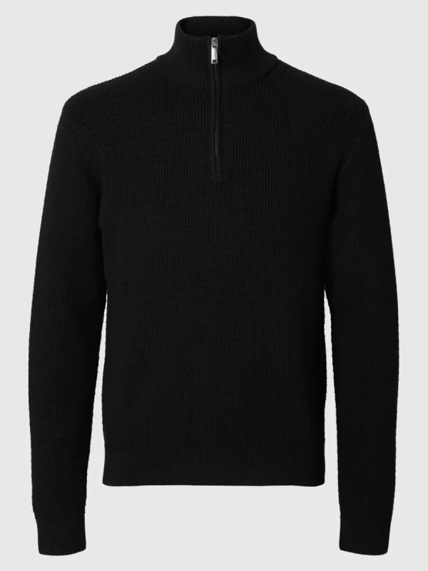SELECTED STRUKTURERAD TRÖJA MED HALVLÅNGT BLIXTLÅS Black Discount