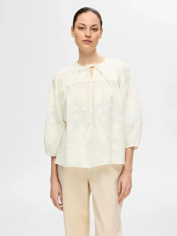 SELECTED TEXTURERAD BLUS MED 3/4-ÄRMAR White Flash Sale