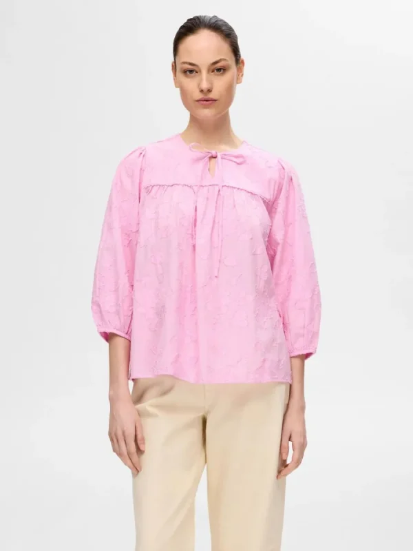 SELECTED TEXTURERAD BLUS MED 3/4-ÄRMAR Pink Discount