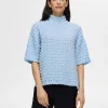 SELECTED TEXTURERAD KORTÄRMAD TOPP Blue Outlet