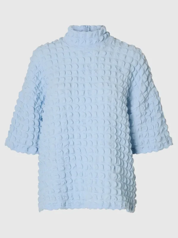 SELECTED TEXTURERAD KORTÄRMAD TOPP Blue Outlet