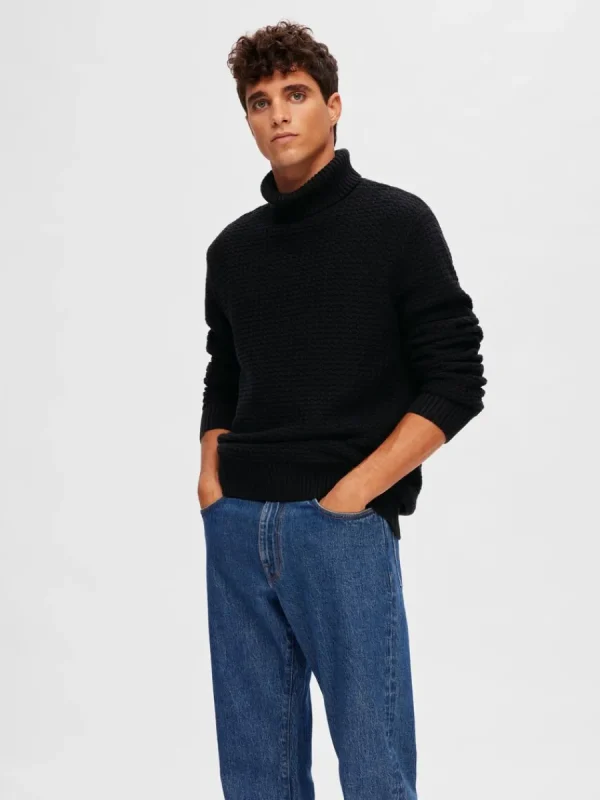SELECTED TEXTURERAD POLOTRÖJA TRÖJA Black Best Sale